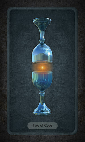The Two of Cups shows two blue goblets with one inverted over the other, a golden glow between them.