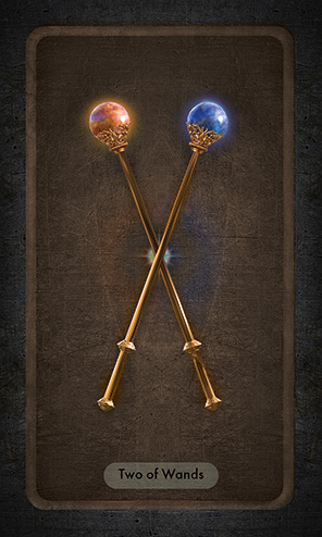The Two of Wands shows one orange and one blue-topped wand crossed at their centers
