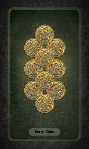 The Ten of Coins shows ten gold coins in three vertical overlapping columns. Each coin has a pentagram on its face and a flower with 10 petals inside it.