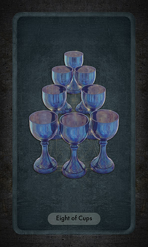 The Eight of Cups has an identical arrow formation as the Seven of cups, but an eighth cup is placed in the front center.