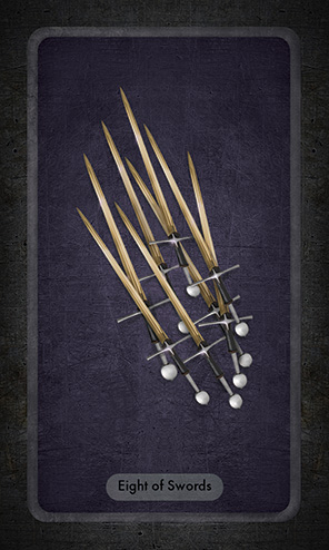 The Eight of Swords shows eight gold swords thrusting upward from right to left crossed chaotically.