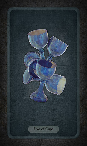 The Five of Cups card shows 5 blue goblets tip at angles to each other, overlapping chaotically.