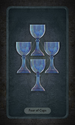 The Four of Cups shows four blue goblets arranged in a cross pattern with energy implied between them