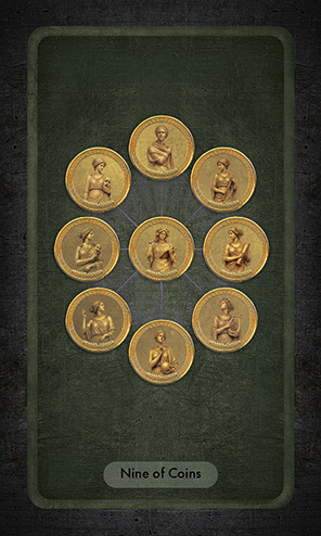 The Nine of Coins shows 9 gold coins depicting the 9 Greek muses, arranged in an oval pattern with Calliope in the center.