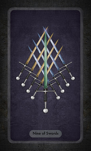 The Nine of Swords shows 4 gold and 4 blue swords crossing in a triangle pattern with a single, larger green sword lying vertically atop them pointing upward.
