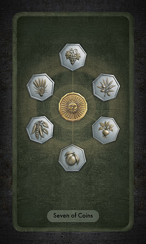 The Seven of Coins has six heptagon coins in silver with an image of a harvested food item on it (grapes, olives, beet, peach, peas and wheat) arranged in a symmetrical pattern around a larger, 14-sided gold coin with a sun on its face, symbolizing the harvest.