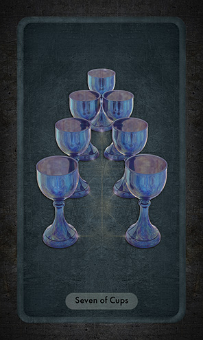 The Seven of Cups shows seven blue transparent cups attanged in an open triangle narrowing to a single cup in the distance.