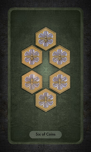 The Six of Coins shows six hexagonal coins with bees on them arranged in a symmetrical pattern