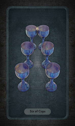 The Six of Cups card shows two rows of three blue goblets meeting in the distance in perspective. A faint tracery of energy connects them and a small golden flare appears where the two most distant cups touch at their lips.