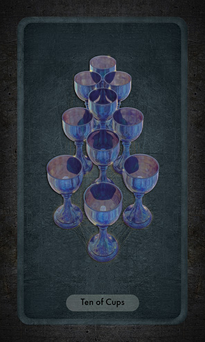 THe Ten of Cups shows four transparent blue cups. Six of the cups form a converging triangle to the background while three additional cups occupy the center aisle between them.