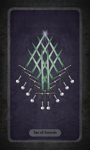 The Ten of Swords shows eight swords crossed in a triangular pattern with two swords of equal size placed on top of them.