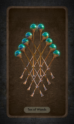 The Ten of Wands shows ten wands with green orbs atop them in an orderly pattern of eight wands crossing in a diagonal grid with two additional wands upright between them.