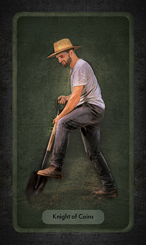 The Knight of Coins shows a man with a shovel digging a hole. He wears a gray t-shirt, dark jeans, a straw hat and work boots.