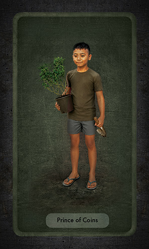 The Prince of Coinss shows a young Latin American boy holding a potted blueberry bush in his right arm and a trowel in his left hand.