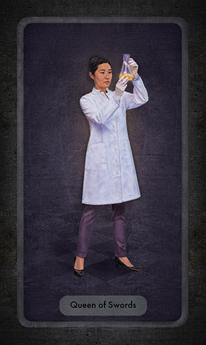 The Queen of Swords shows an Asian woman in a lab coat and latex gloves inspecting a beaker with yellow fluid she is holding up.